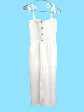 Entro Jumpsuit White Smocked Button-Front with Tie Straps Size Small Summer Cute